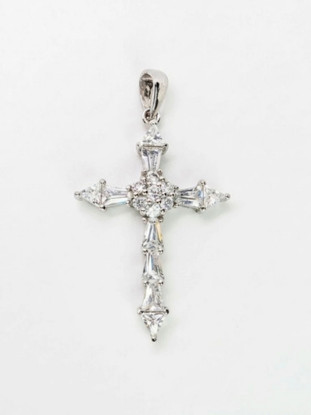 Sterling Silver 925 Vtg Cubic Zirconia Cross Pendant Baguette Trillion Necklace